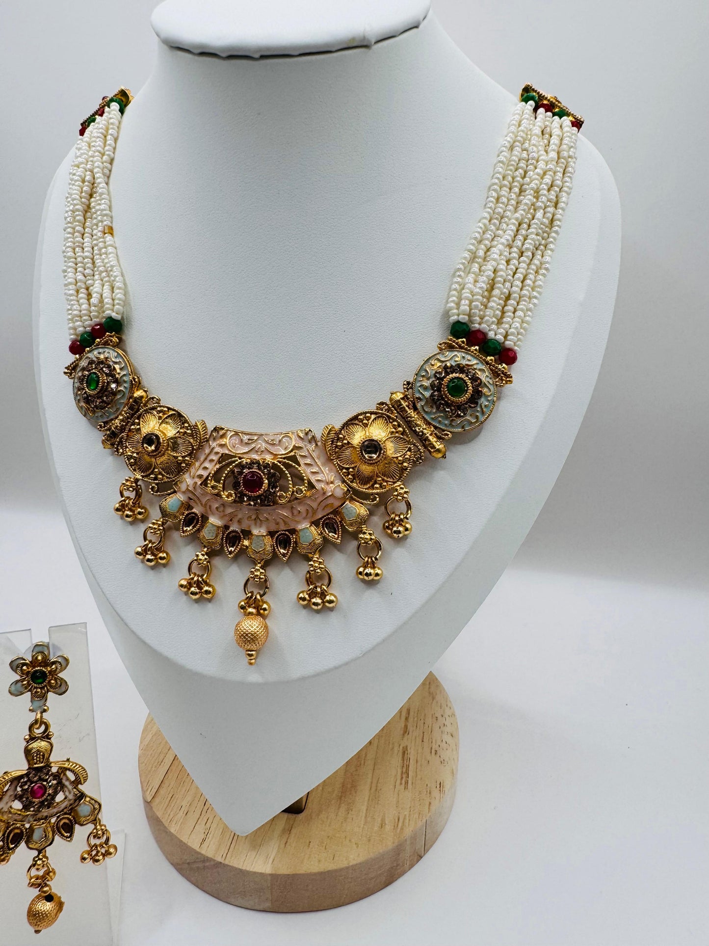 Golden Plated White Moti Multi-Stone Strand Necklace Set with Earrings