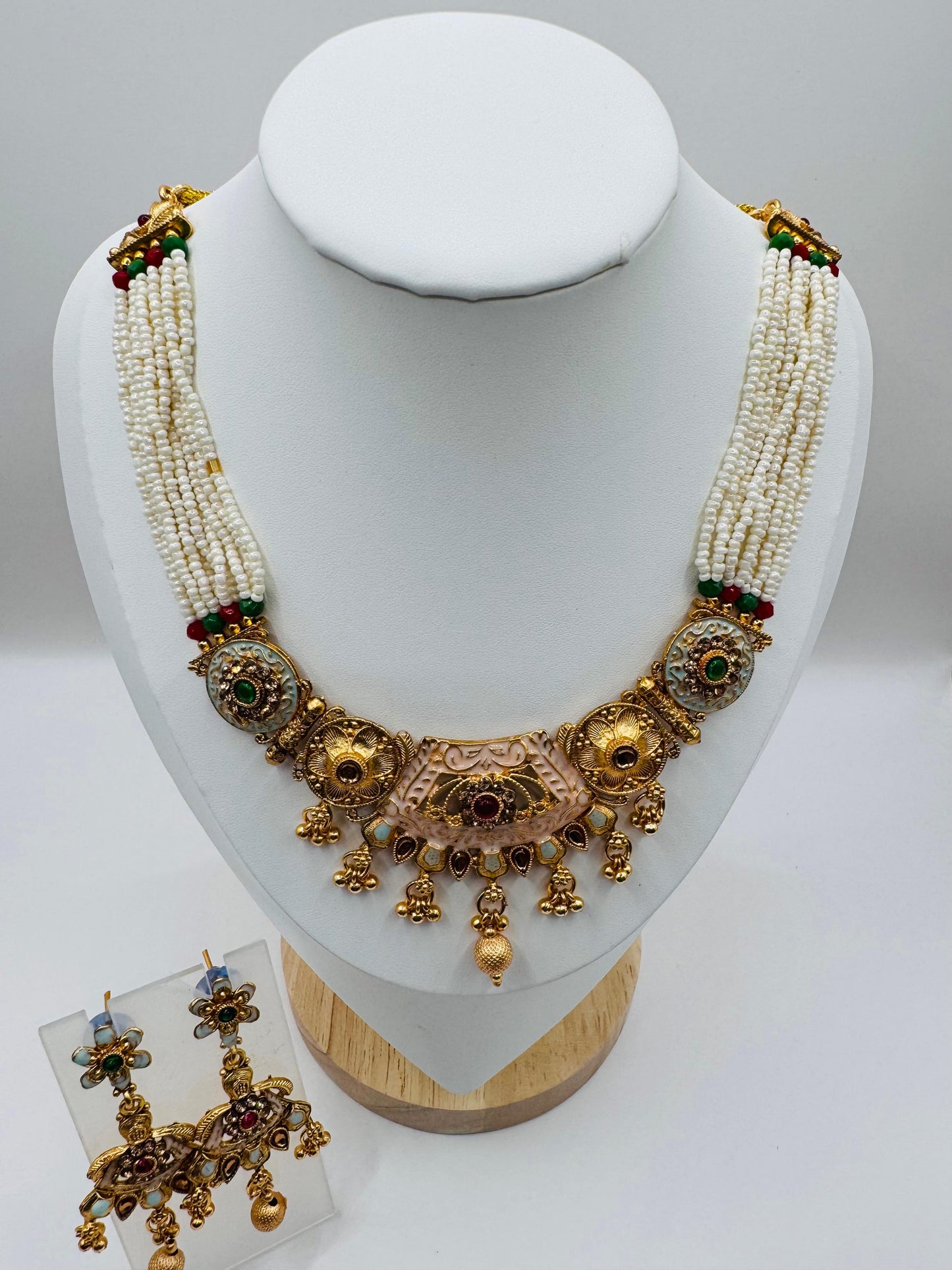 Golden Plated White Moti Multi-Stone Strand Necklace Set with Earrings