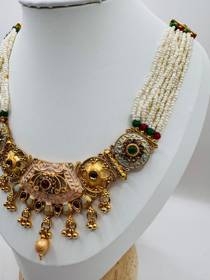 Golden Plated White Moti Multi-Stone Strand Necklace Set with Earrings