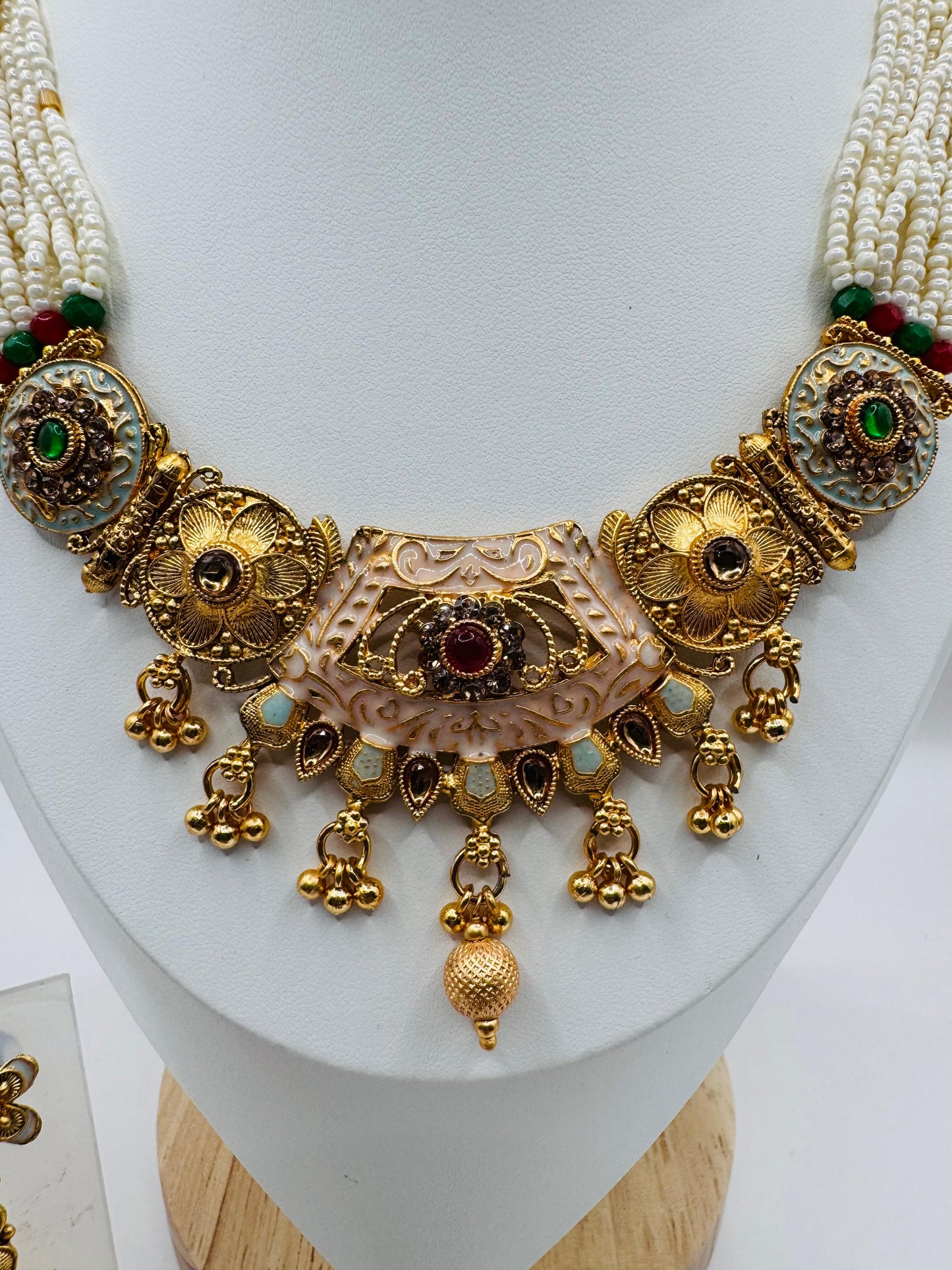 Golden Plated White Moti Multi-Stone Strand Necklace Set with Earrings