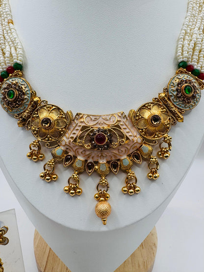 Golden Plated White Moti Multi-Stone Strand Necklace Set with Earrings