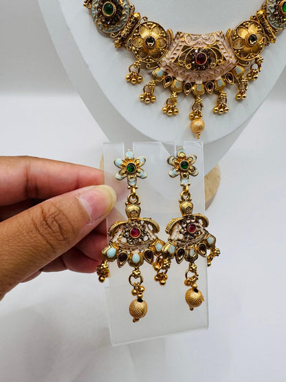 Golden Plated White Moti Multi-Stone Strand Necklace Set with Earrings