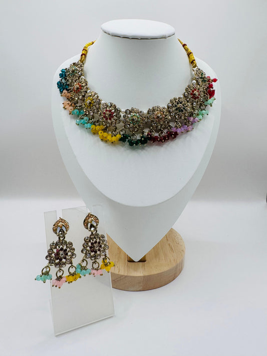 Multi-Color Pearl Drop Necklace Set with Earrings & Maang Tikka