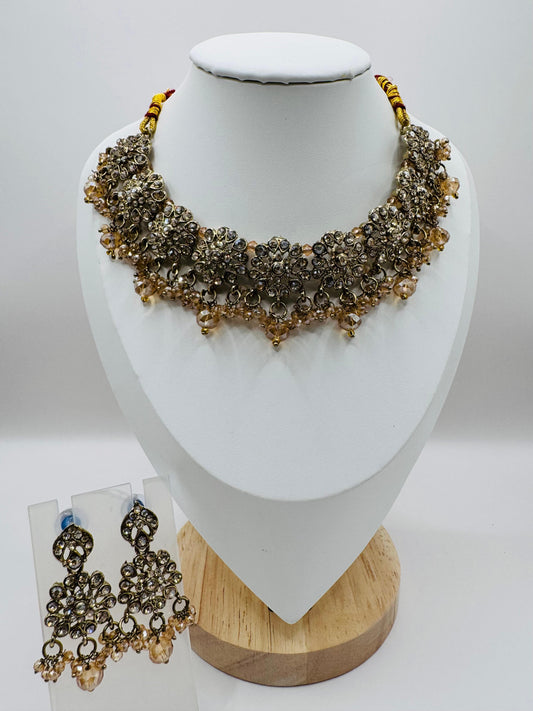 Golden Brown Pearl Drop Necklace Set with Earrings & Maang Tikka