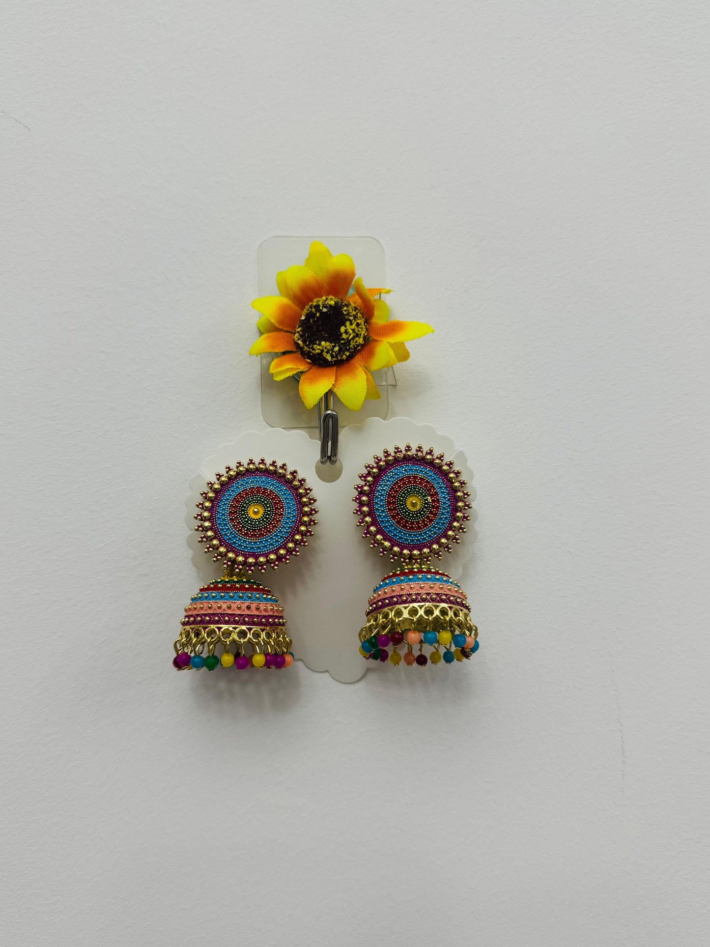 Traditional Jhumka Earrings with Multicolour Stone Detailing