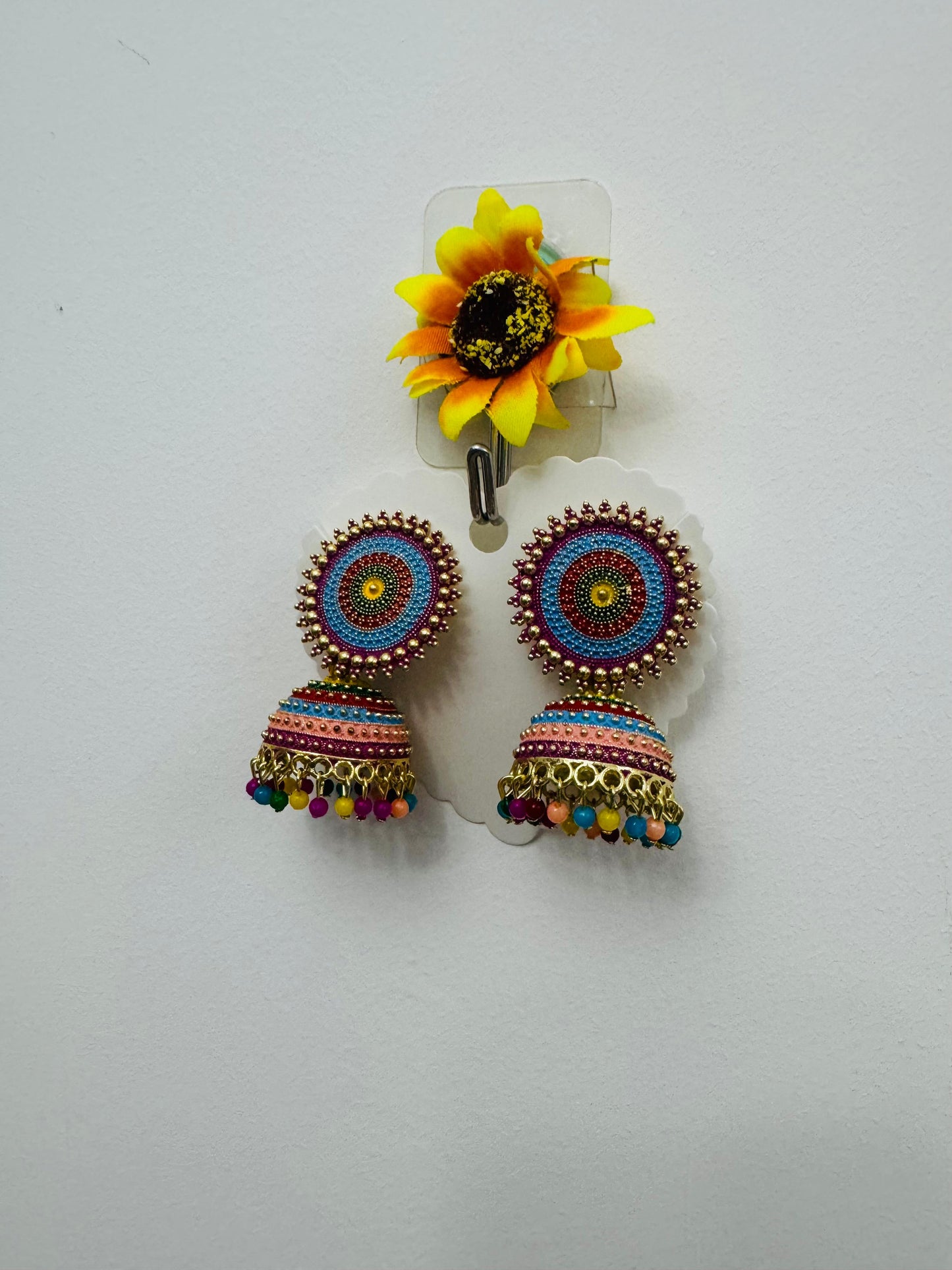 Traditional Jhumka Earrings with Multicolour Stone Detailing