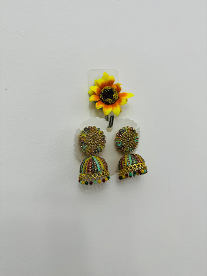 Traditional Jhumka Earrings with Multicolour Stone Detailing