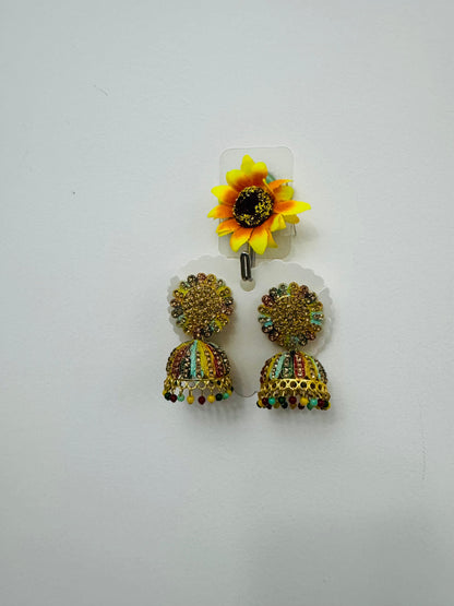Traditional Jhumka Earrings with Multicolour Stone Detailing