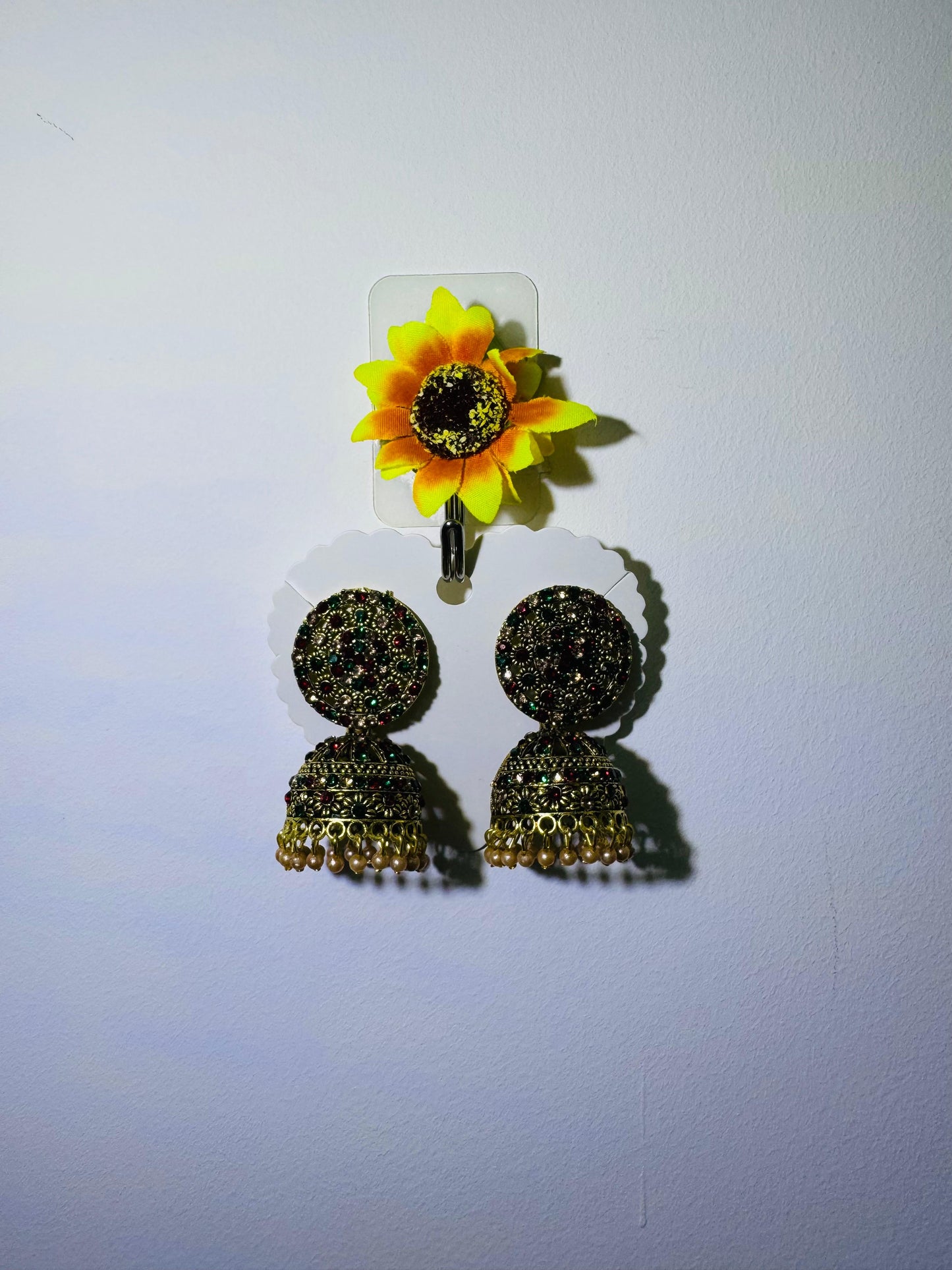 Traditional Jhumka Earrings with Multicolour Stone Detailing