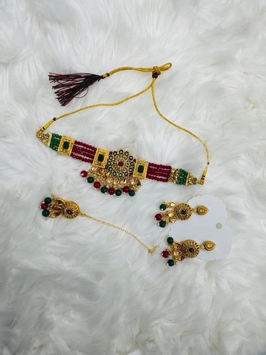 Pearl Choker Set with Earrings & Maang Tikka – Maroon & Green Combination