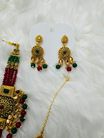 Pearl Choker Set with Earrings & Maang Tikka – Maroon & Green Combination