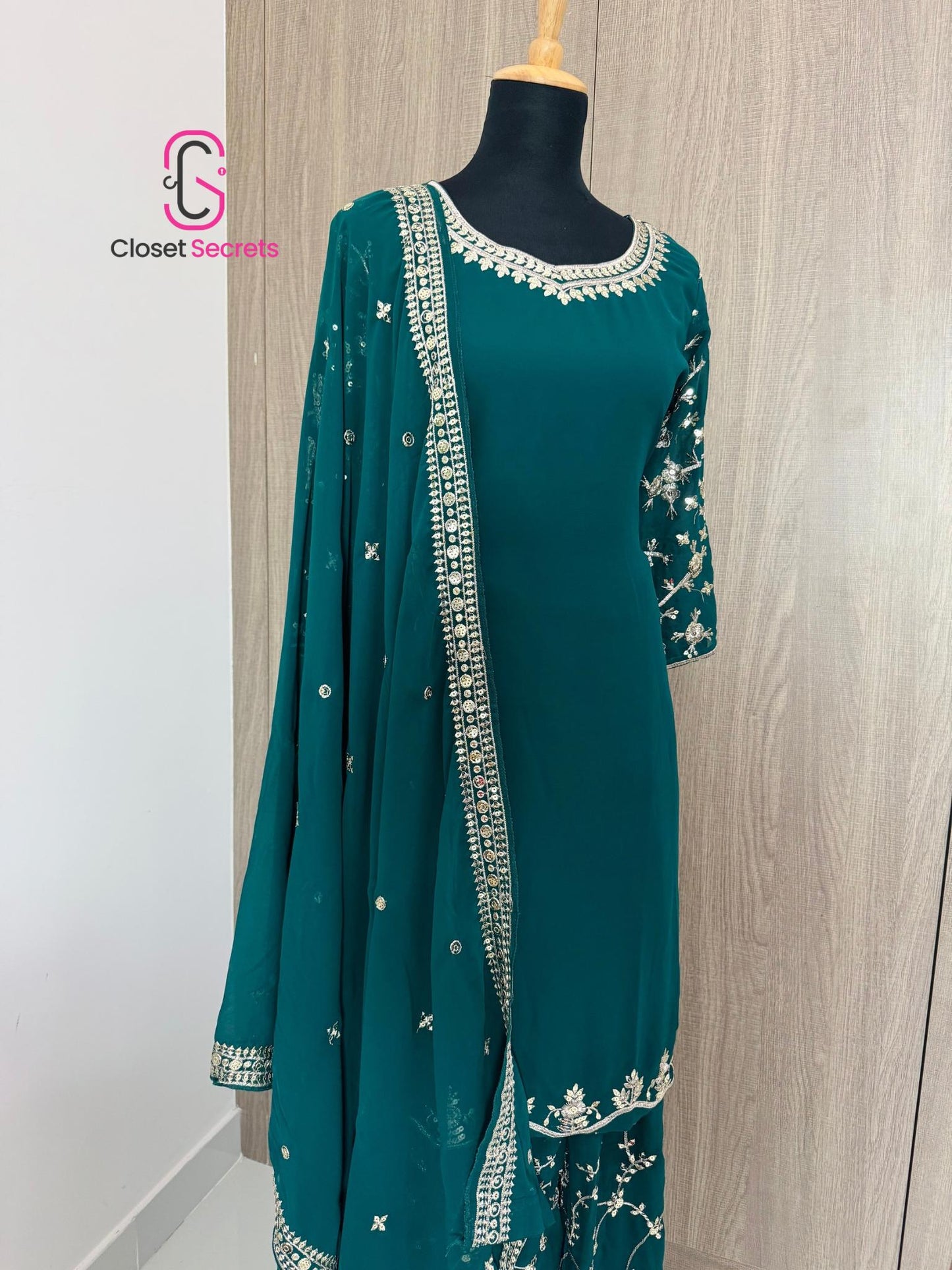 Embroidered Georgette Top, Palazzo & Dupatta