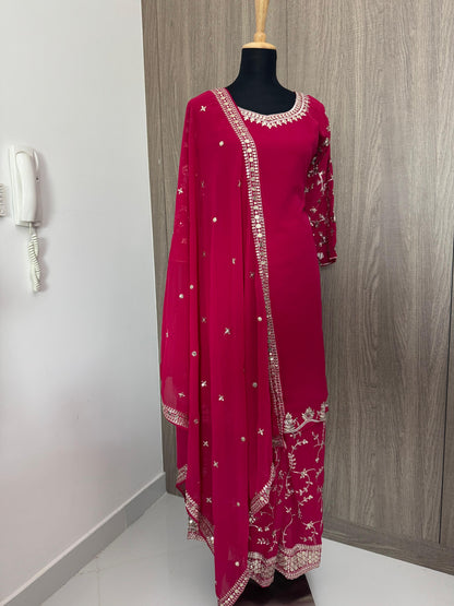 Embroidered Georgette Top, Palazzo & Dupatta