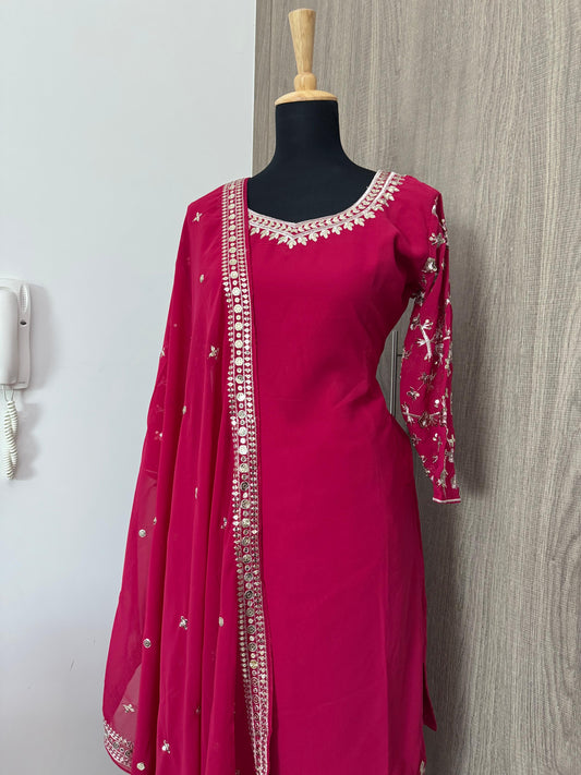 Embroidered Georgette Top, Palazzo & Dupatta