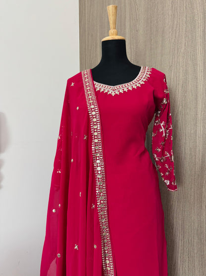 Embroidered Georgette Top, Palazzo & Dupatta