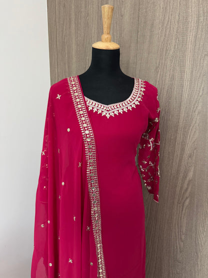 Embroidered Georgette Top, Palazzo & Dupatta