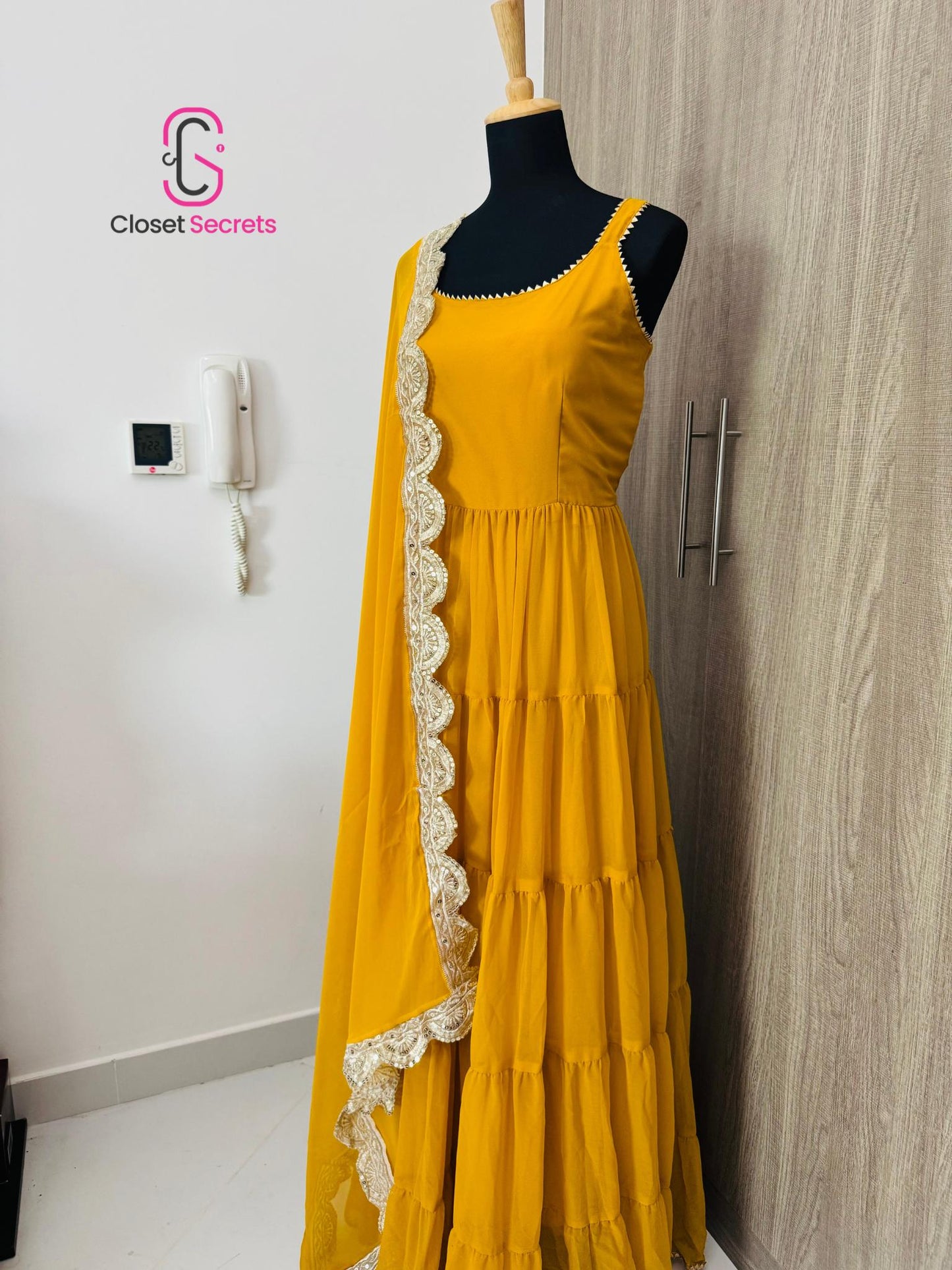 Mustard Yellow Georgette Ruffle Dress with Embroidered Dupatta – Ready to Wear