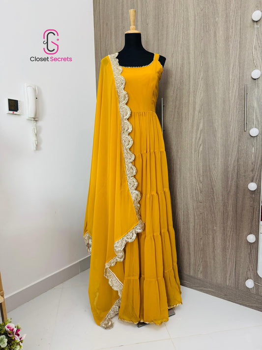 Mustard Yellow Georgette Ruffle Dress with Embroidered Dupatta – Ready to Wear
