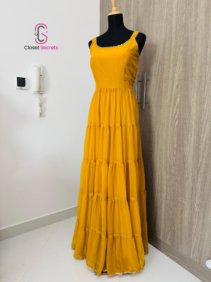 Mustard Yellow Georgette Ruffle Dress with Embroidered Dupatta – Ready to Wear