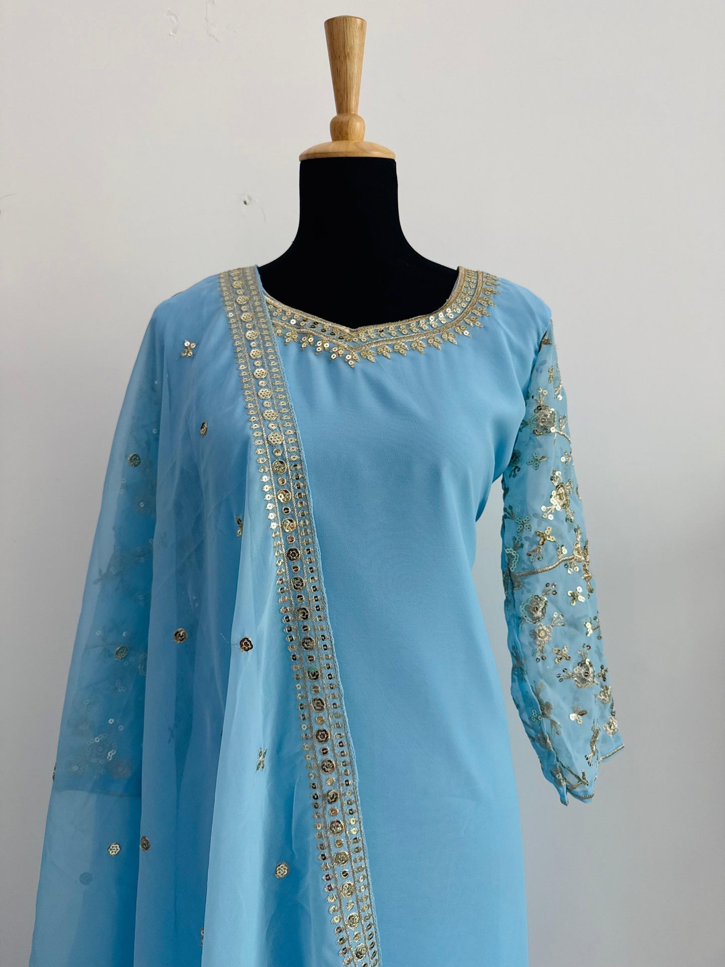 Embroidered Georgette Top, Palazzo & Dupatta