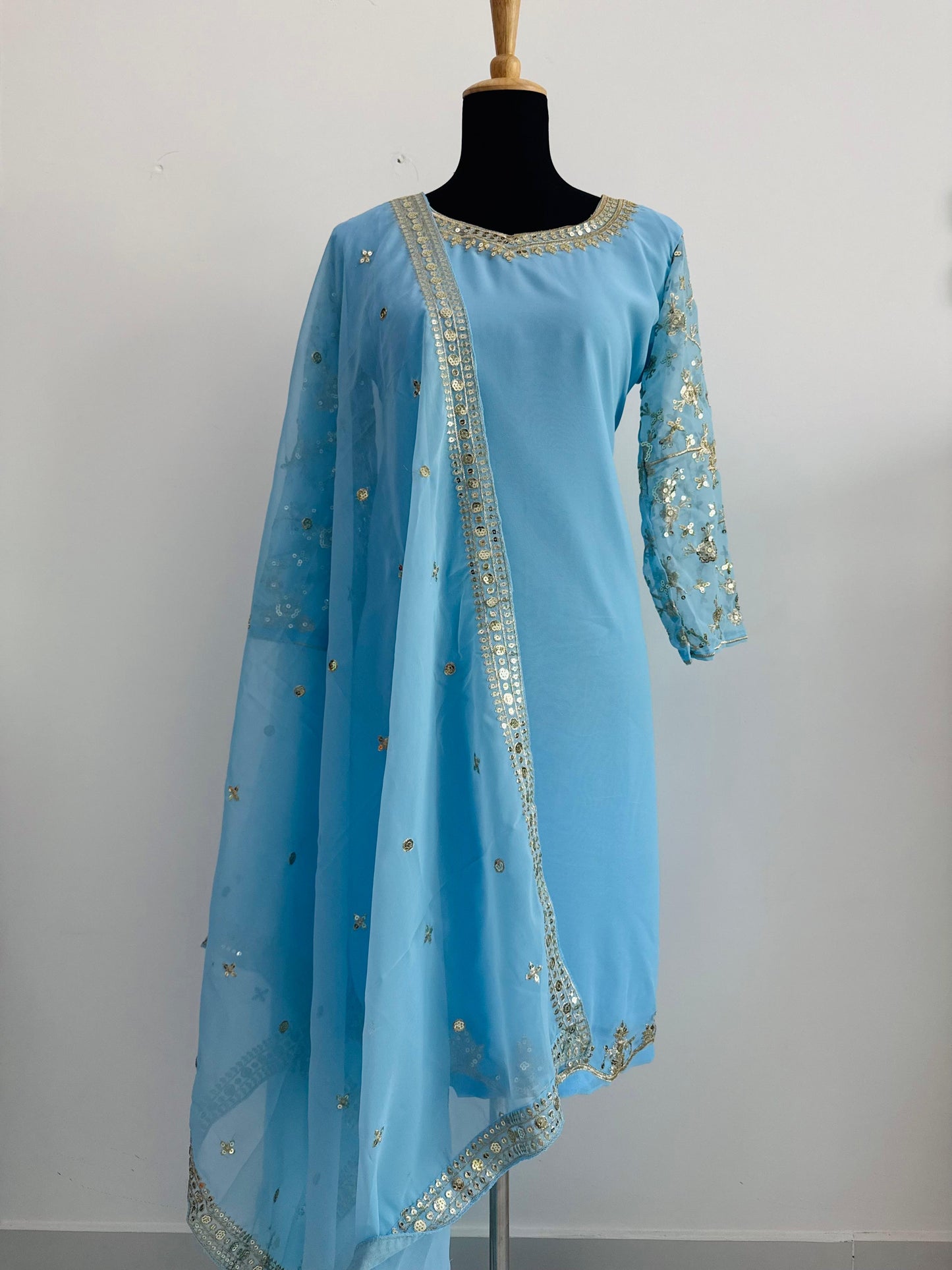 Embroidered Georgette Top, Palazzo & Dupatta