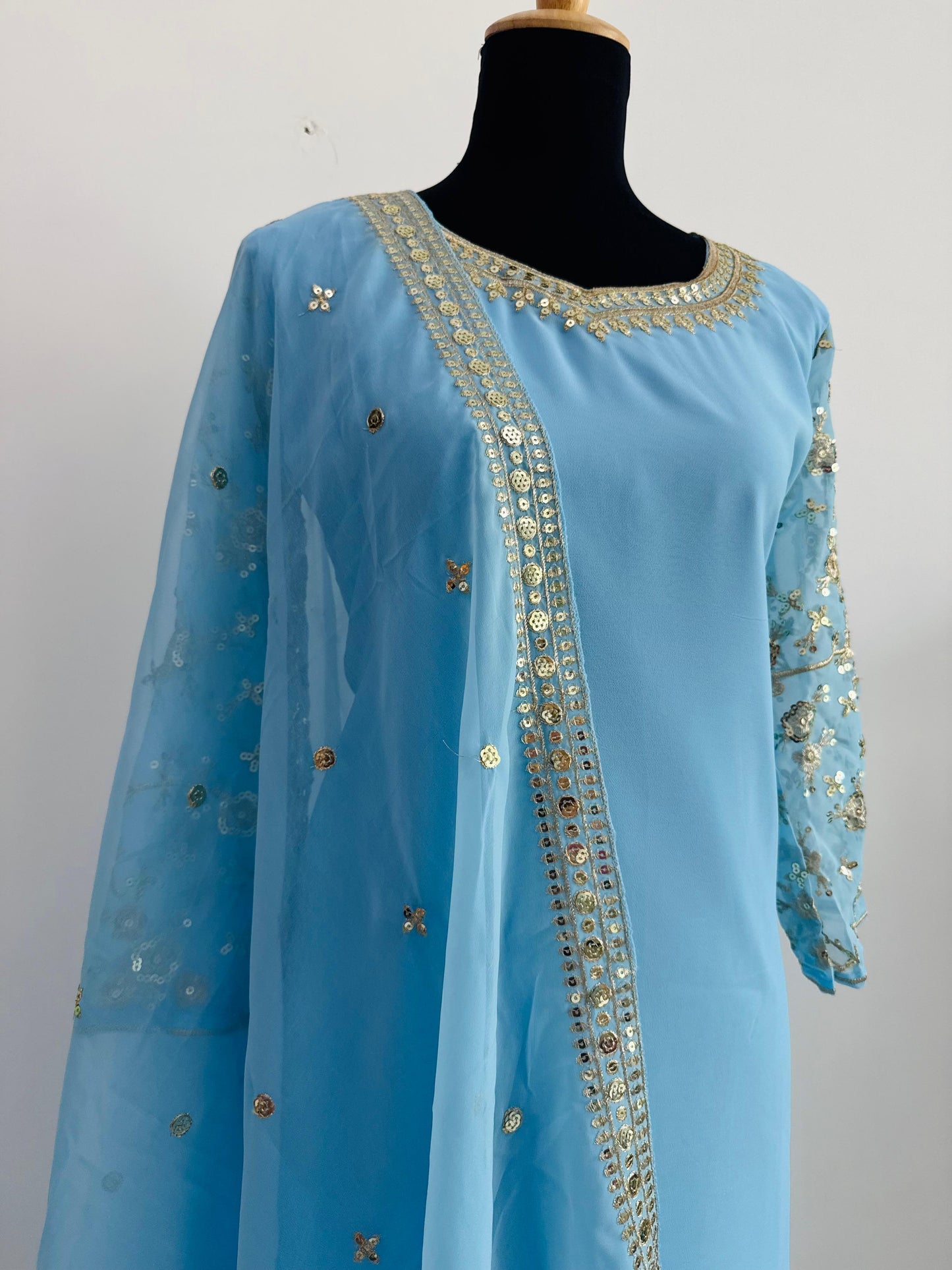 Embroidered Georgette Top, Palazzo & Dupatta