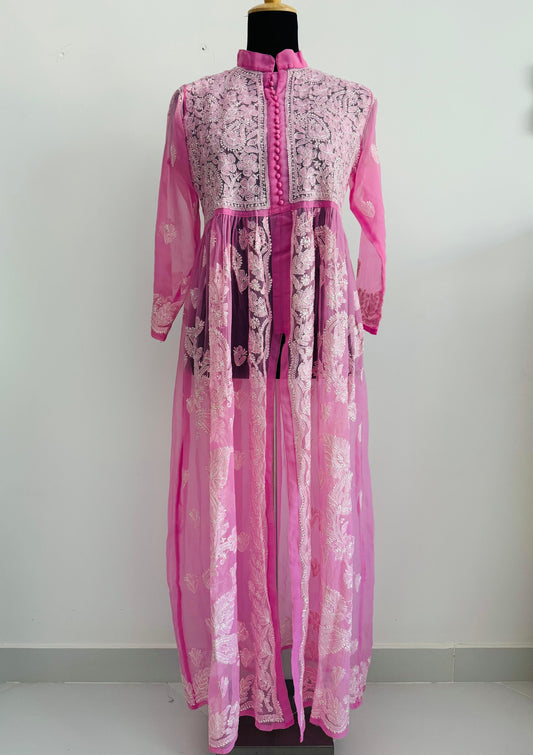 Handcrafted Chikankari Front Cut Kurti in Soft Baby Pink
