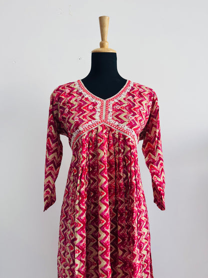 Premium Pink Printed Rayon Cotton Suit – Stylish Side-Cut Anarkali Design