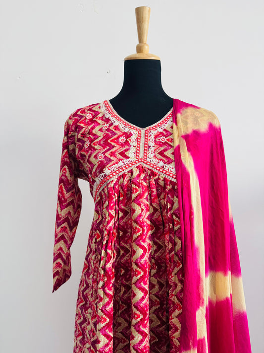 Premium Pink Printed Rayon Cotton Suit – Stylish Side-Cut Anarkali Design