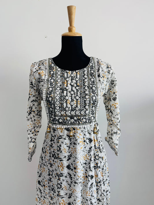 White Rayon Cotton Anarkali Suit – Delicate Jingle Detailing