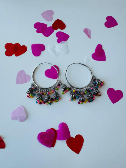 Multi-Color Pearl Jingle Bali Earrings | Premium Ethnic Hoop Jewelry