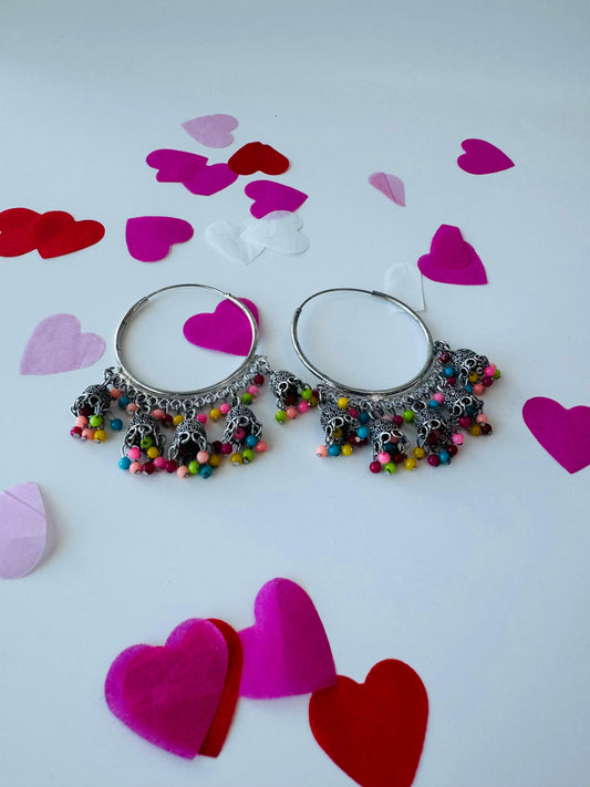 Multi-Color Pearl Jingle Bali Earrings | Premium Ethnic Hoop Jewelry