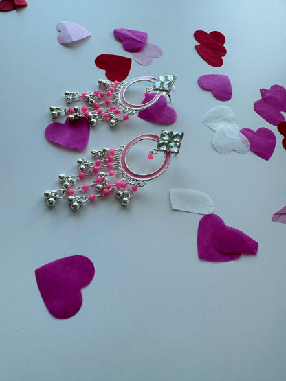 Handcrafted Silver Hoop Earrings with Pink Accent | Premium Ethnic Jewelry