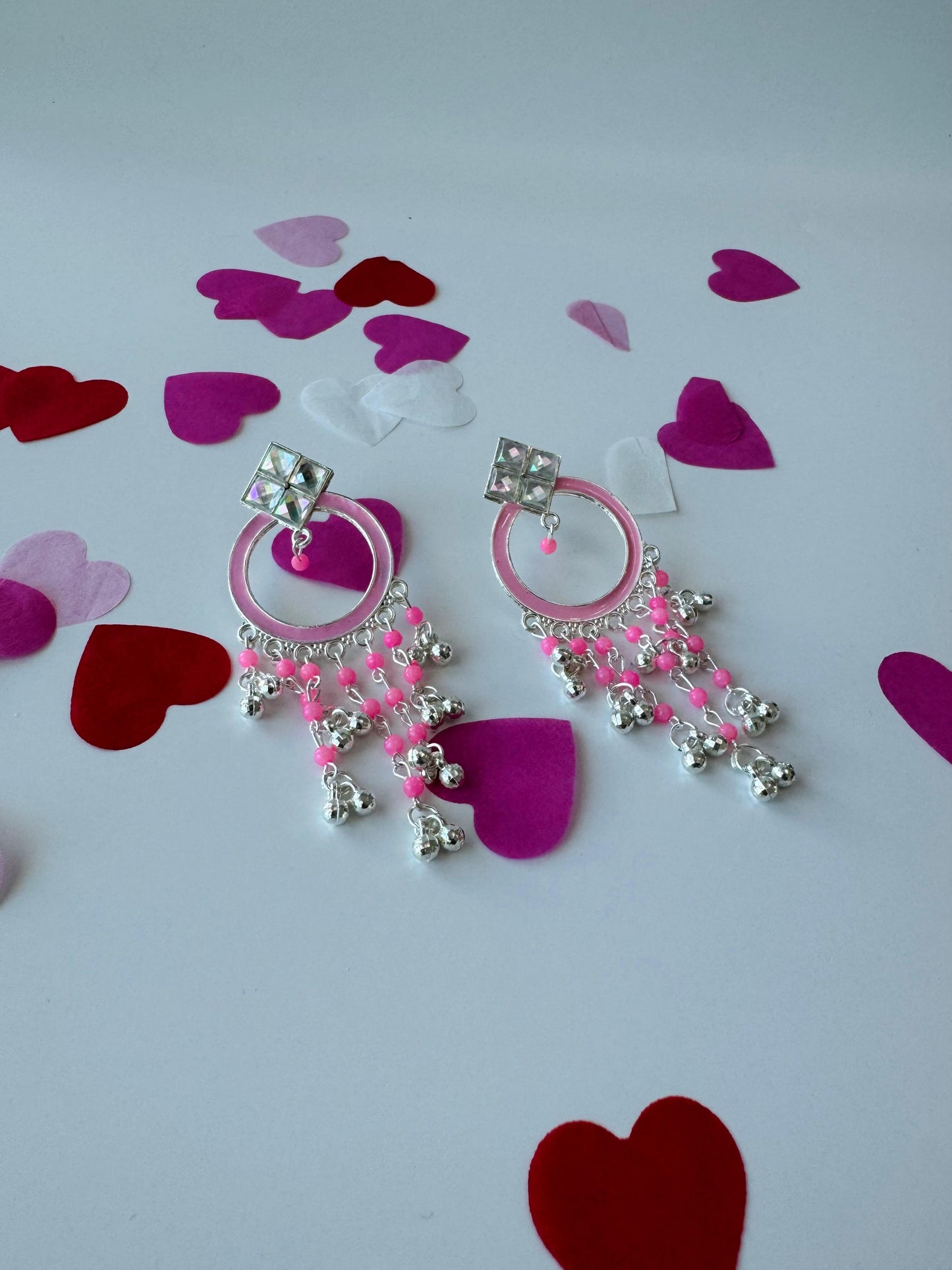 Handcrafted Silver Hoop Earrings with Pink Accent | Premium Ethnic Jewelry