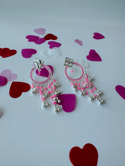 Handcrafted Silver Hoop Earrings with Pink Accent | Premium Ethnic Jewelry