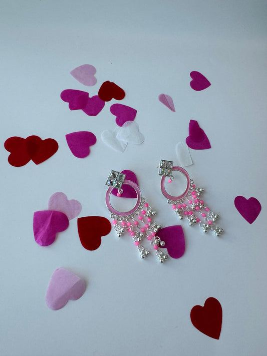 Handcrafted Silver Hoop Earrings with Pink Accent | Premium Ethnic Jewelry