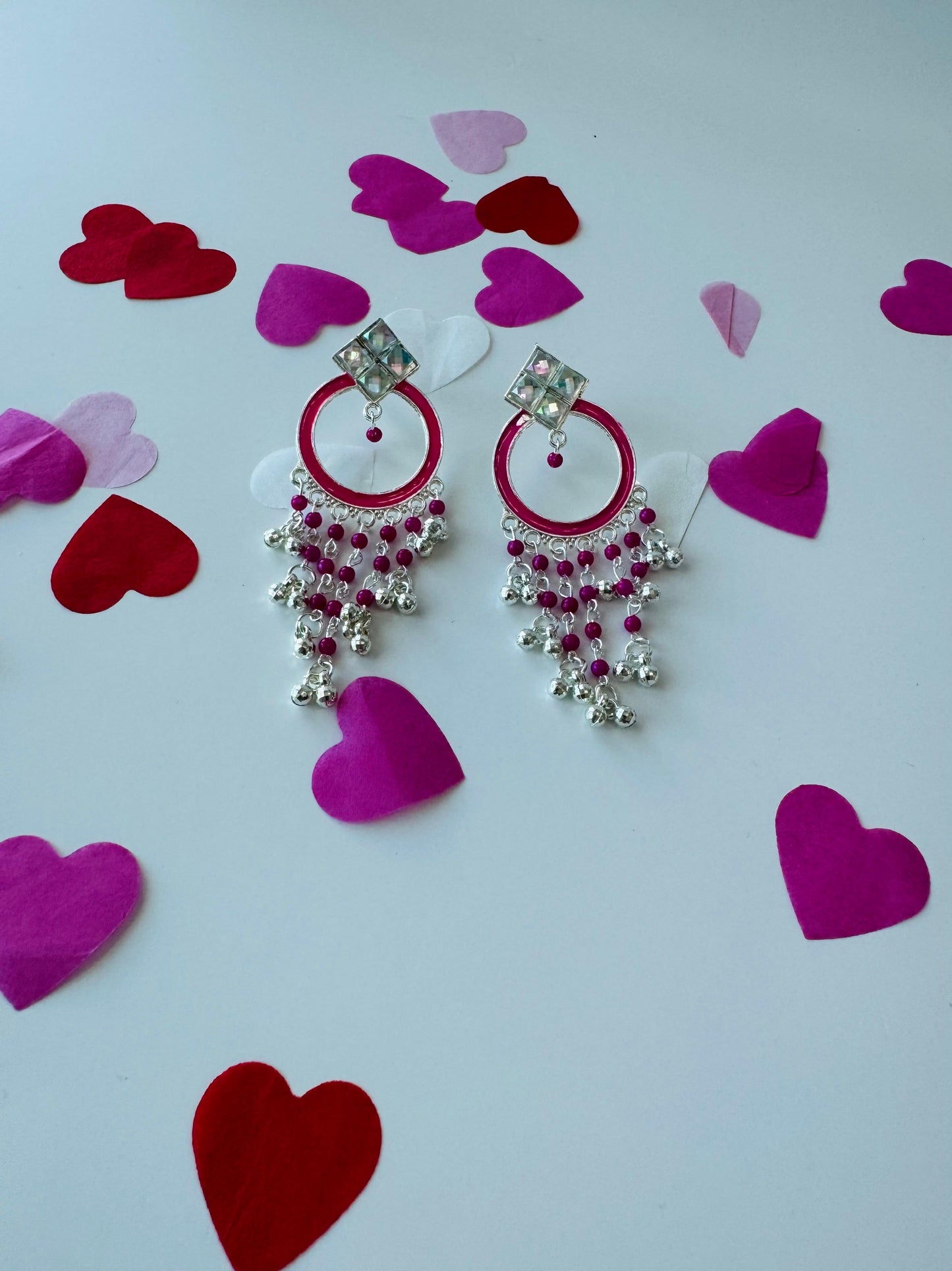 Handcrafted Silver Hoop Earrings with Pink Accent | Premium Ethnic Jewelry