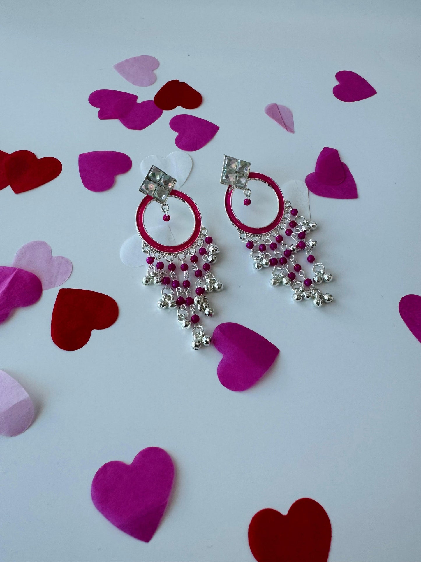 Handcrafted Silver Hoop Earrings with Pink Accent | Premium Ethnic Jewelry