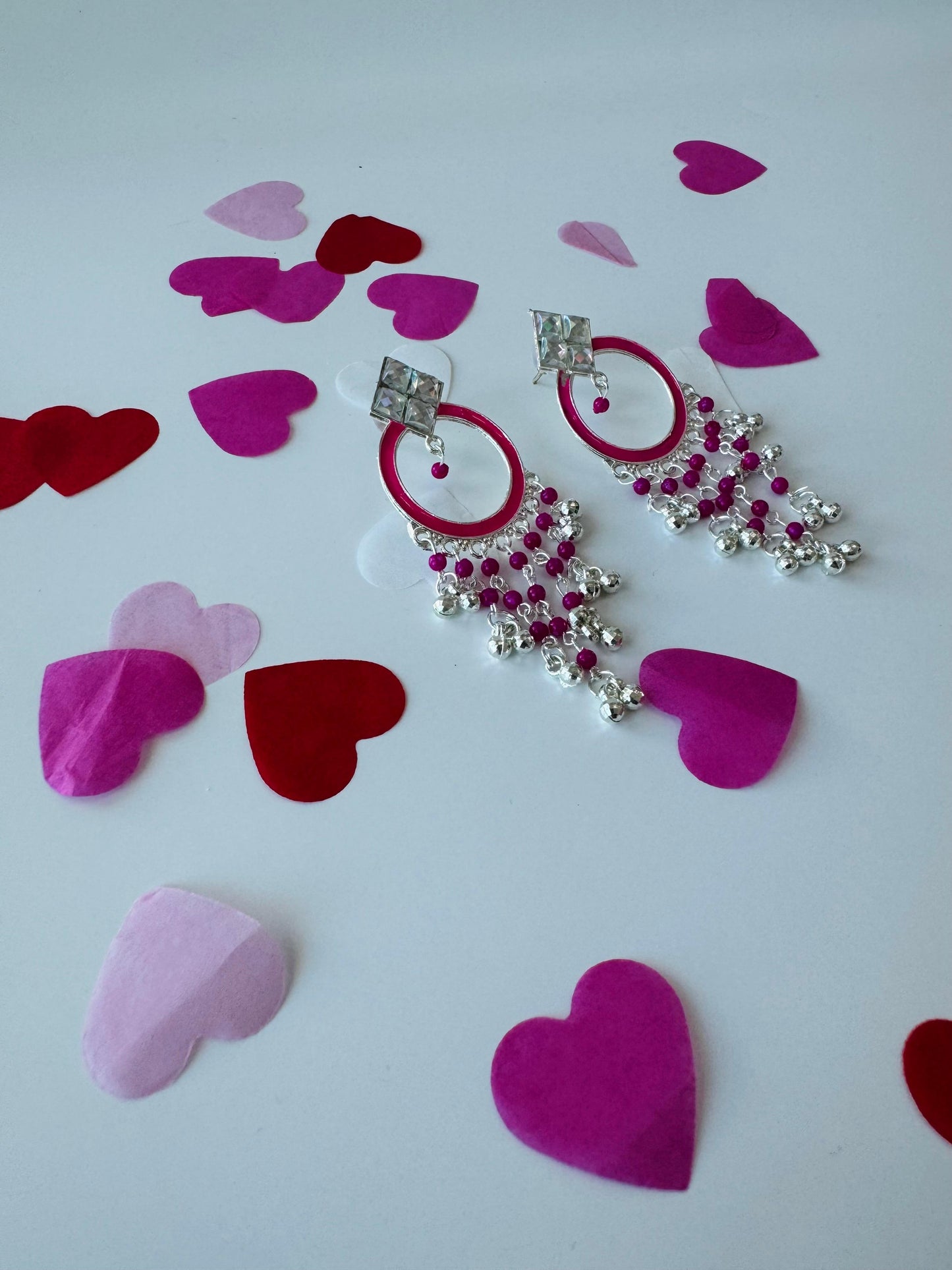 Handcrafted Silver Hoop Earrings with Pink Accent | Premium Ethnic Jewelry