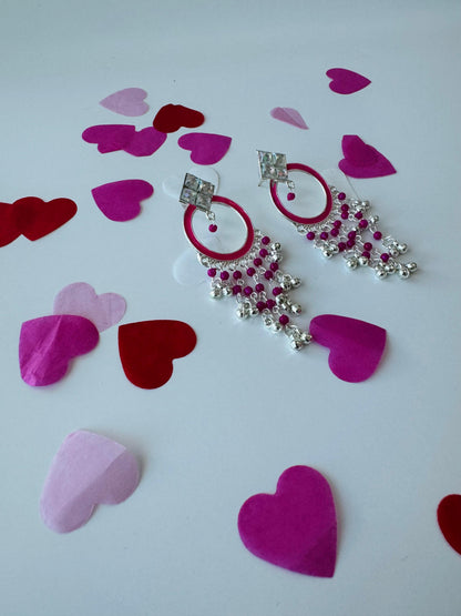 Handcrafted Silver Hoop Earrings with Pink Accent | Premium Ethnic Jewelry