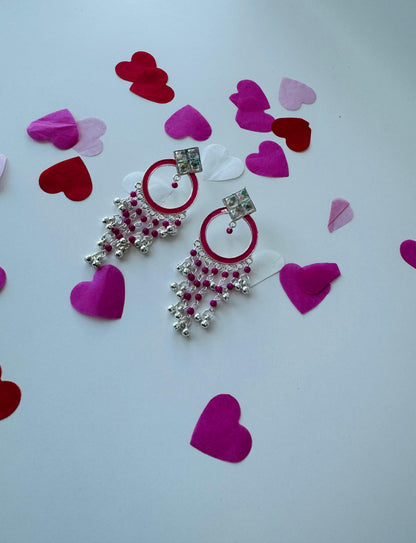 Handcrafted Silver Hoop Earrings with Pink Accent | Premium Ethnic Jewelry