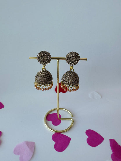 Golden Jhumka Earrings with Tiny Stone Detailing | Premium Ethnic Jewelry