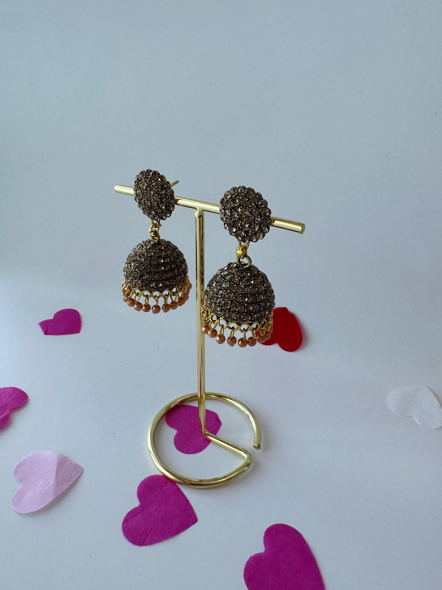 Golden Jhumka Earrings with Tiny Stone Detailing | Premium Ethnic Jewelry