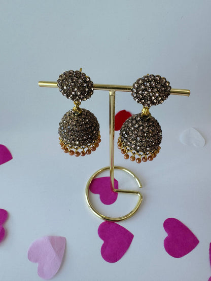 Golden Jhumka Earrings with Tiny Stone Detailing | Premium Ethnic Jewelry