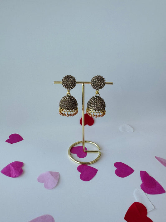 Golden Jhumka Earrings with Tiny Stone Detailing | Premium Ethnic Jewelry