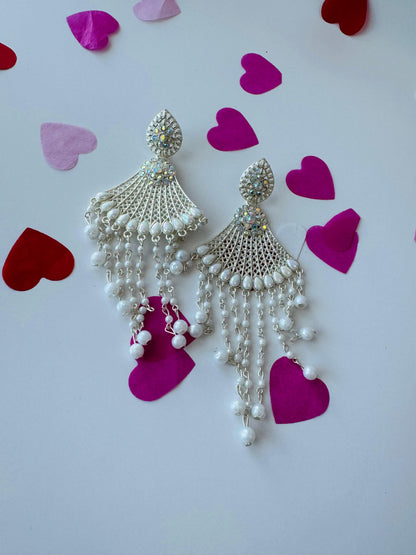 White Pearl Chandelier Earrings | Layered Ethnic Drop Jewelry