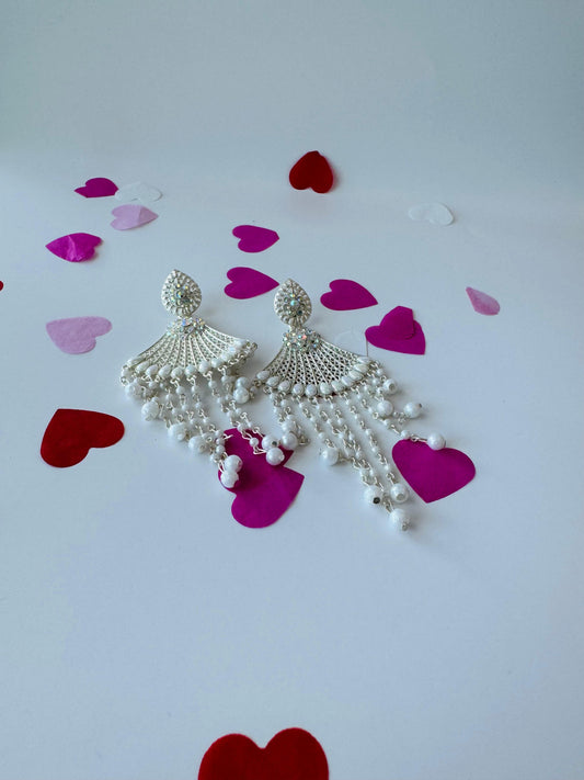White Pearl Chandelier Earrings | Layered Ethnic Drop Jewelry
