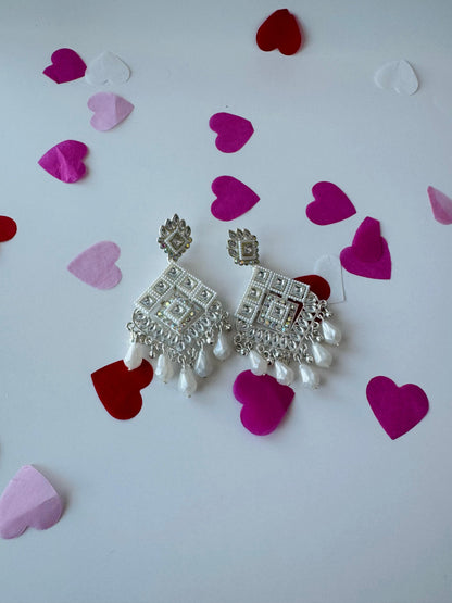 White Triangle Pearl Jhumka Earrings | Premium Ethnic Jewelry