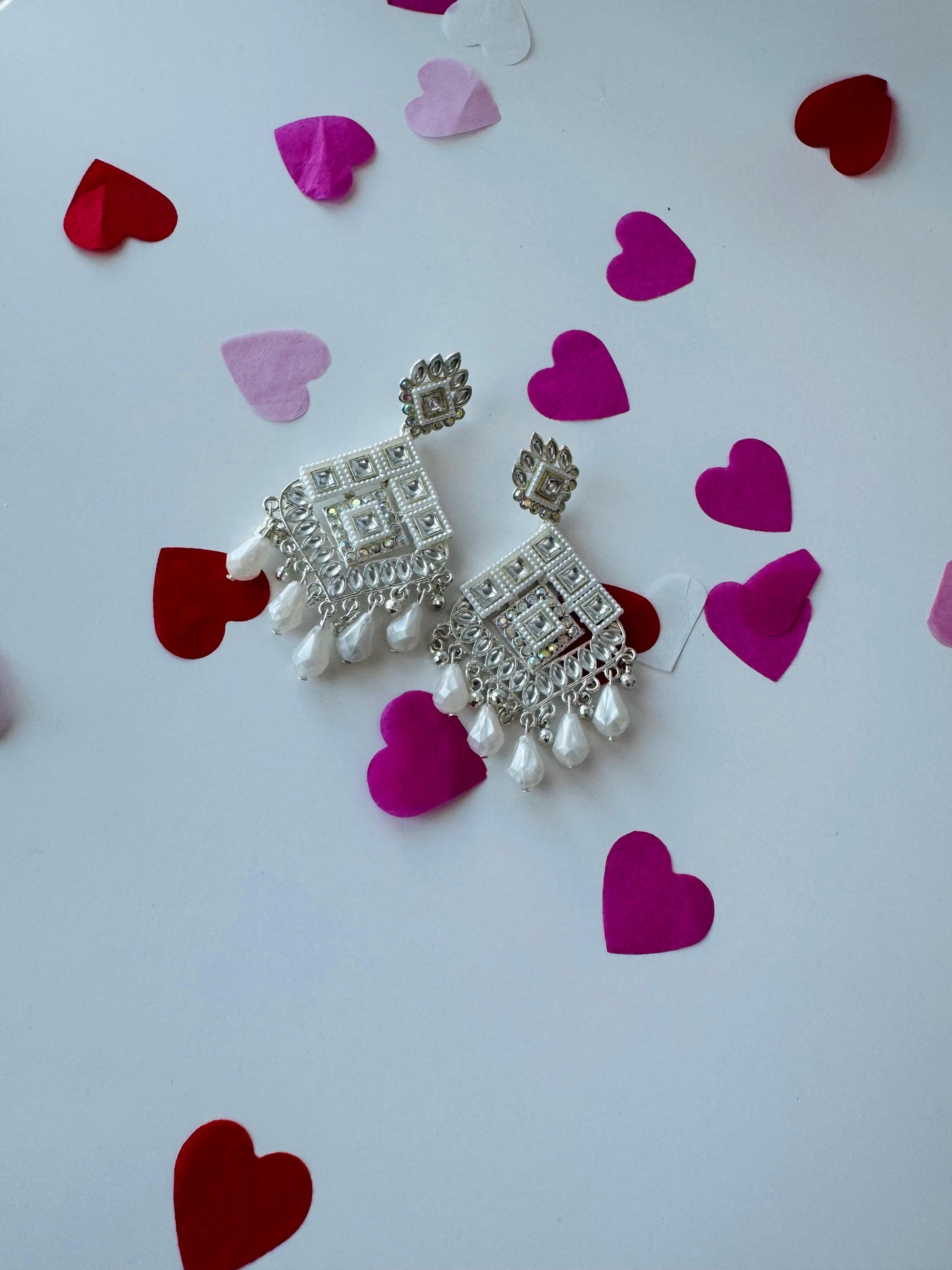 White Triangle Pearl Jhumka Earrings | Premium Ethnic Jewelry