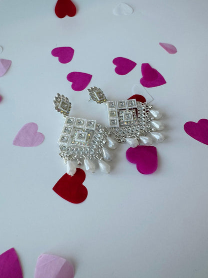 White Triangle Pearl Jhumka Earrings | Premium Ethnic Jewelry